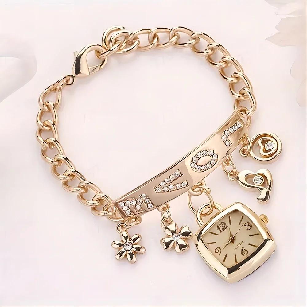 

Women Watches with Letters Rhinestone Inlaid Chain Bracelet Flower Pendant Wrist Watch Ladies Dress Watches Gift Zegarek Damski золотий