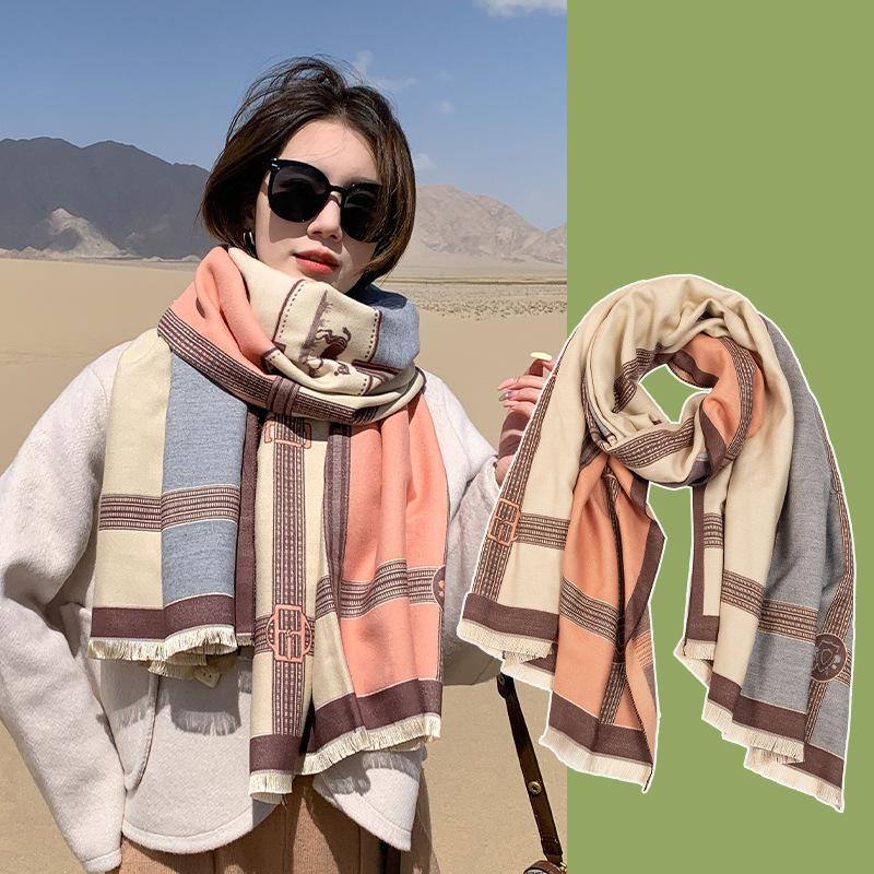 Korean Style Fashion Chain Imitation Cashmere Scarf for Women Autumn and Winter New Contrast Color All Match Scarf Tassel Cold Proof Warm Shawl
