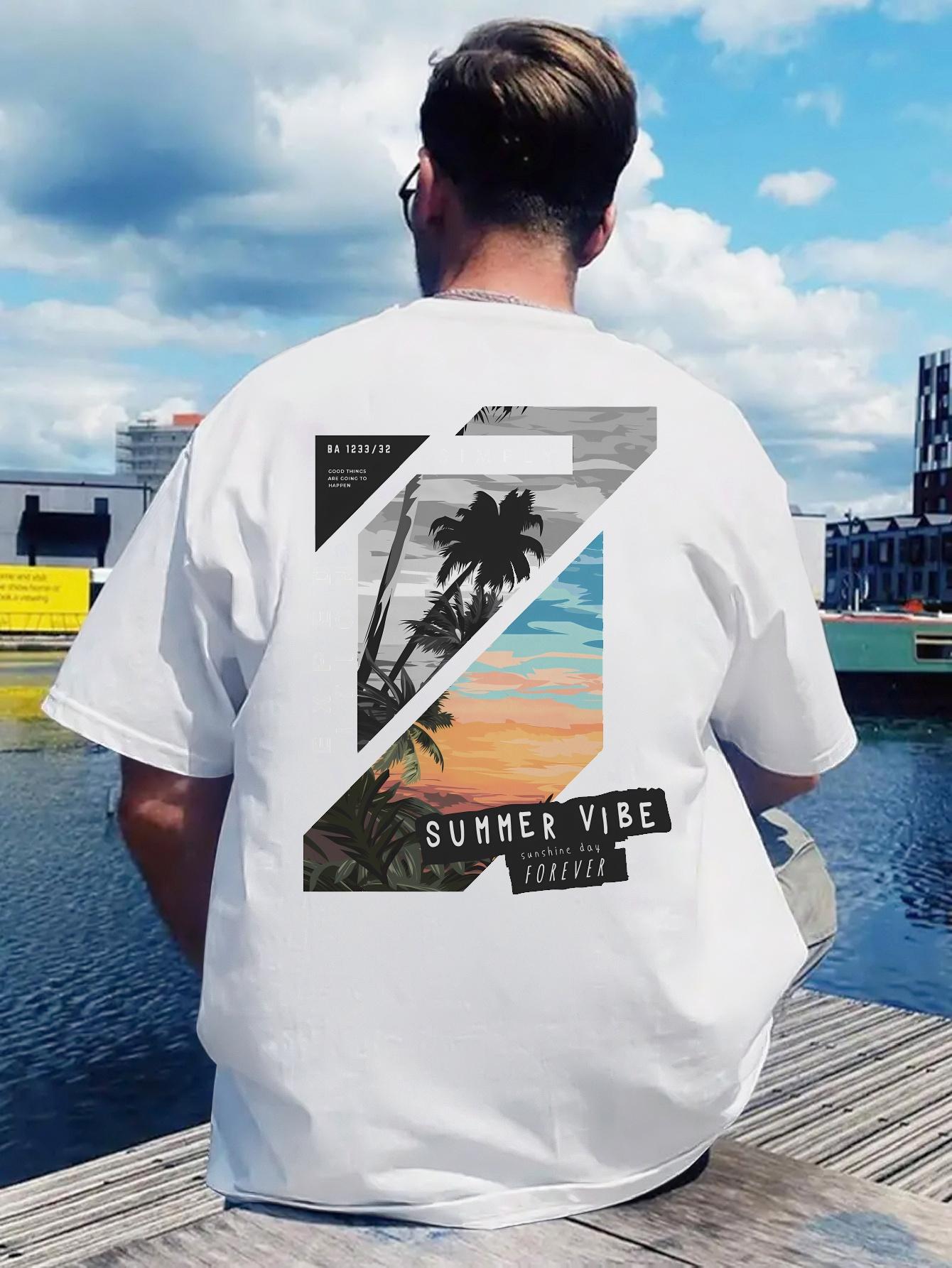 Black Graphic T-shirt - Tropical Back Print Tee with Palm Trees Sunset S