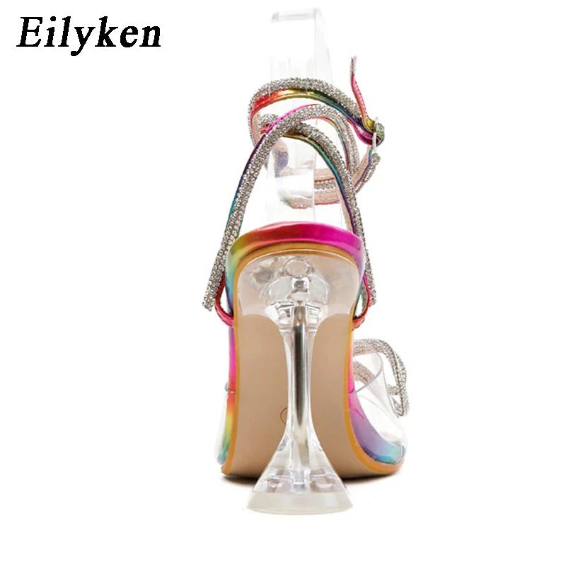 Fashion Eilyken Summer PVC Transparent Women Sandals Sexy Square Toe Ankle Buckle Strap Perspex High Heels Wedding Dress Shoes
