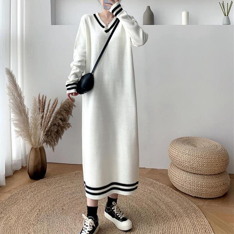 GMXIA Damski sweter z długim rękawem i dekoltem w serek, duży rozmiar, jesień i zima, nowy, luźny z płaszczem, sukienka dzianinowa do kolan