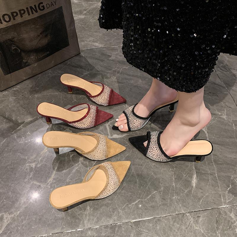 Fashion Summer Woman Thin Heel Rhinestone High Heel Slippers Fashion Open-toed Pointed End Slip-on Sexy Party High Heels Stiletto Sandal