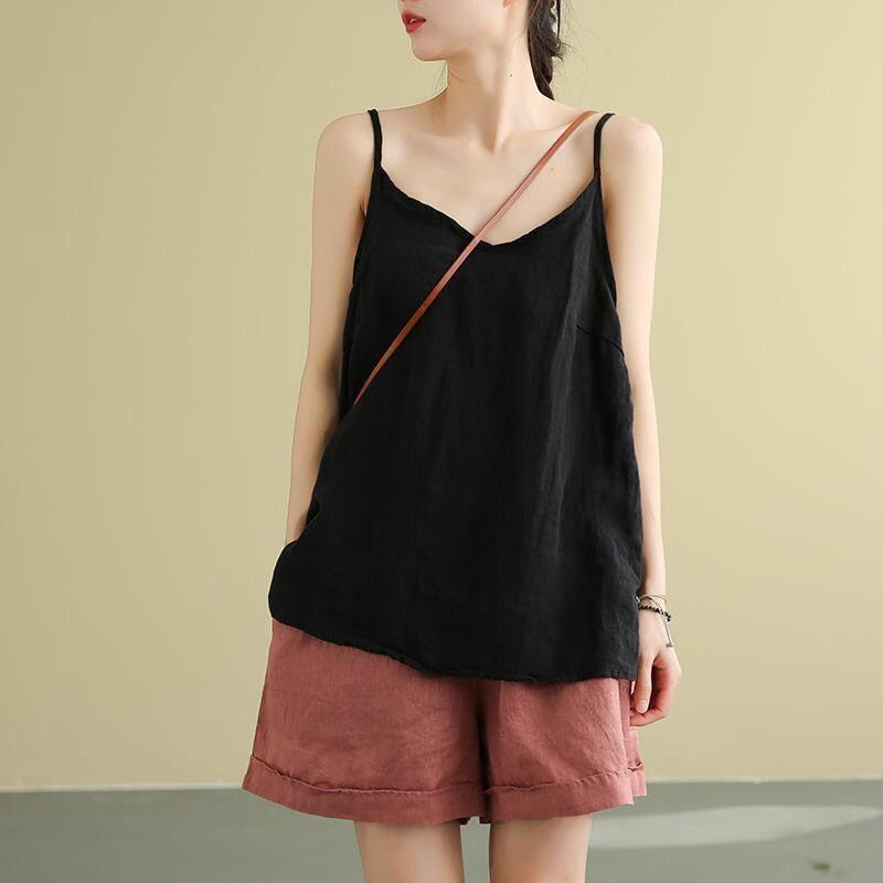 Damen Sommer Top Baumwolle Leinen Spaghettiträger Top Frauen Neckholder V-Ausschnitt Basic Gelb Ärmellos Tank Tops Locker Lässig Camis
