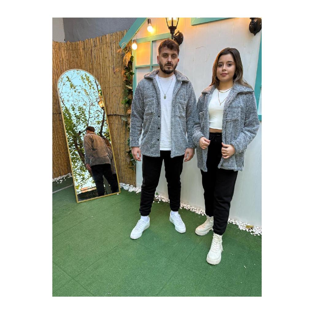 2-piece Men's Plush Jacket With Pockets - Gray Black Winter Shirt Collar