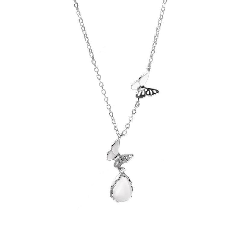 

925 Sterling Silver Butterfly Pendant Necklace for Women , Fashion OL Style with White Chalcedony Bead , Rose Gold and W 925 silver білий
