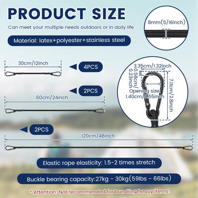 8pcs Bungee Cords with Carabiner Hooks 12/24/48inch Outdoor Bungee Straps, Strong Elastic Bungee Rope for Securing Tarps