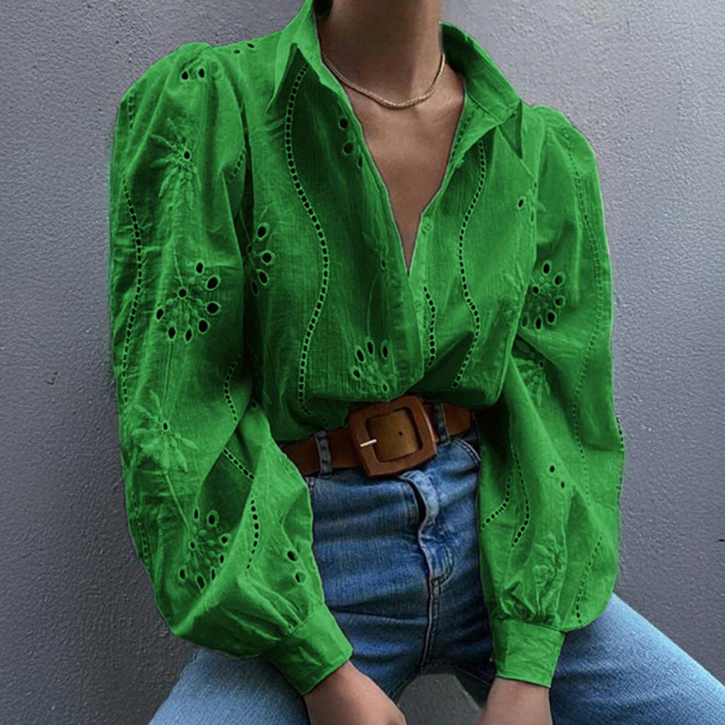 Women's Fashion Casual Hollow-Out Puff Sleeve Solid Color Long-Sleeve Top