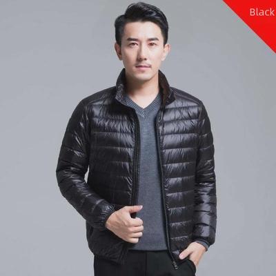 Men's Lightweight Hooded Down Jacket - Mid-Age & Elderly, Stand-Up Collar, Off-Season, Large Size.