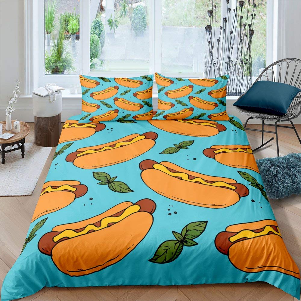Set Biancheria da Letto con Stampa Hamburger Vintage 3D per Amanti del Fast Food Copripiumino con Stampa Cheeseburger 3 Pezzi Copriletto Divertente Creativo Matrimoniale