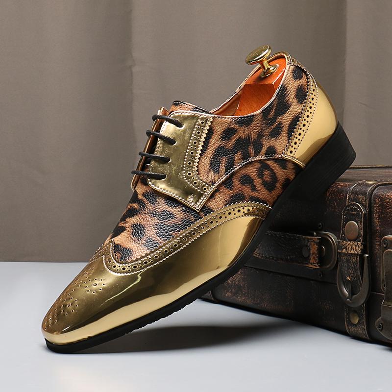 Luxury Shoes for Men Wedding Party Nightclub Leopard Patent Leather Patchwork Fashion Mens Brogue Derby Shoe Men Lace-up Flats