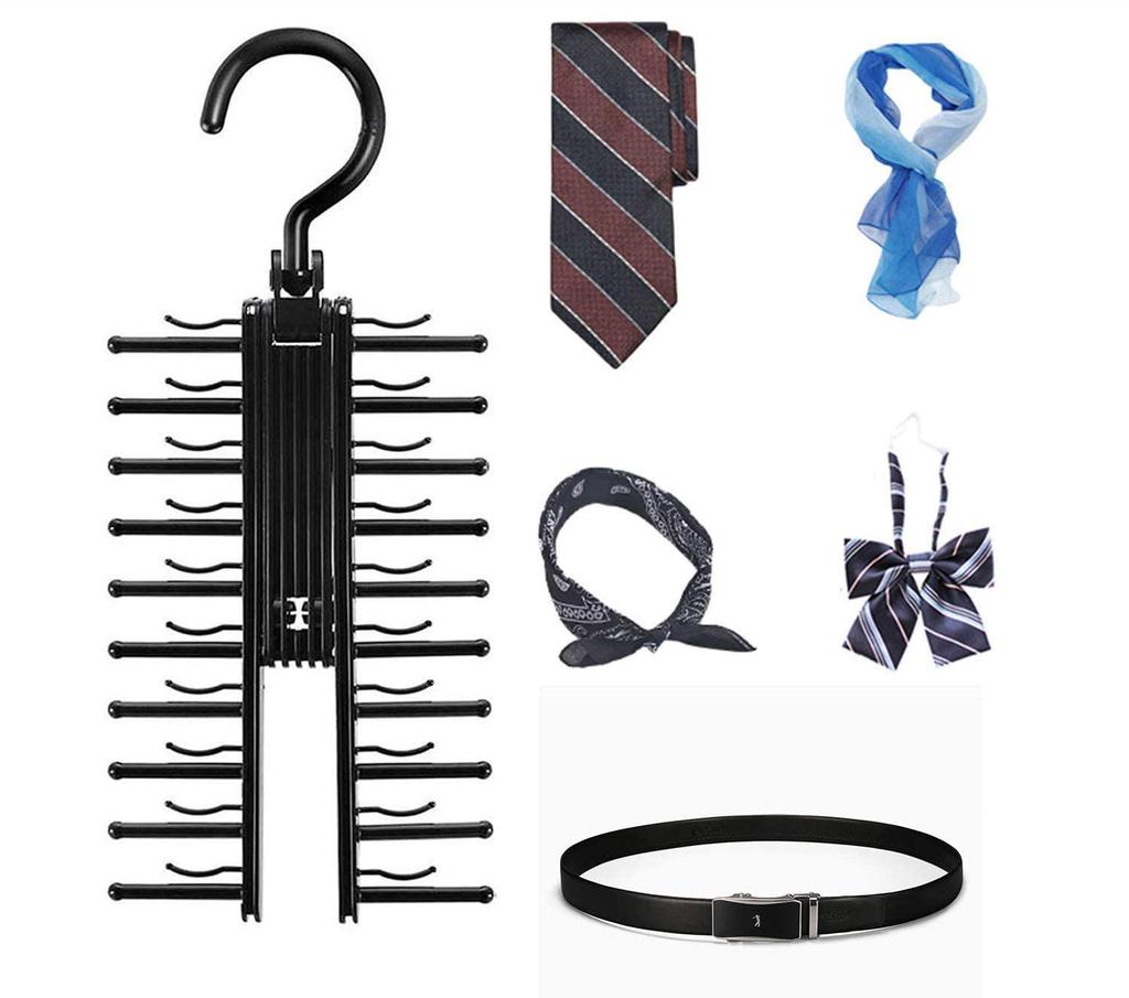 Konten Cross Tie Hanger, Holds 20 Ties, Belt Hanger, Tie Storage, Belt Storage, Multi-functional, Black, Includes 2 Clothespins (Set of 2)
