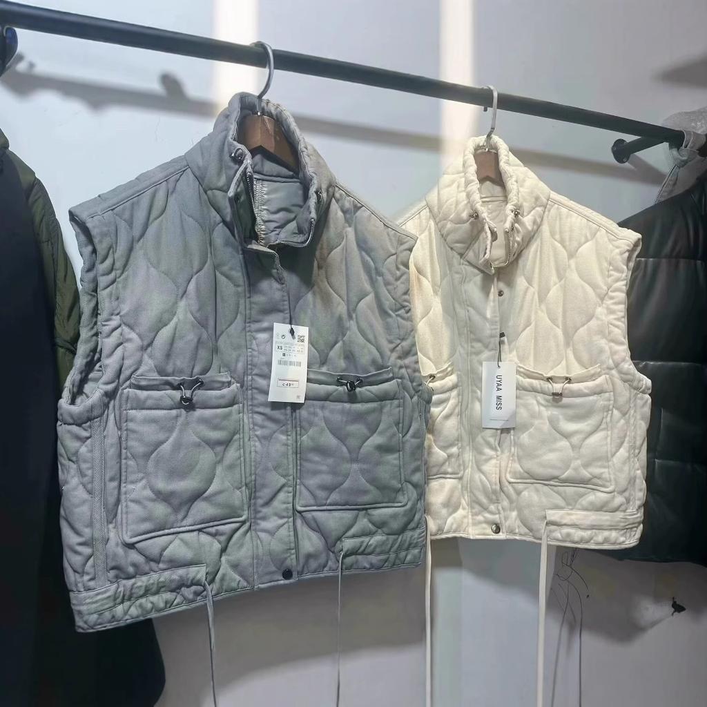 Women'S Casual Rhombus Gray Stand-Up Collar Sleeveless Cotton Vest Vest