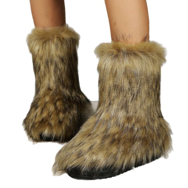 European and American Foreign Fashion Imitation Fur Medium Tube Thick-soled Snow Boots Women's Imitation Raccoon Fox Hair Winter Warm Cotton Boots