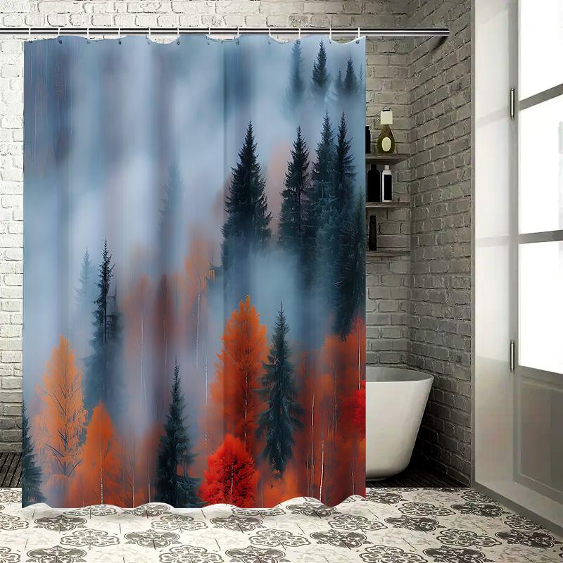 Forest Misty Shower Curtain Waterproof Bath Decor Modern Nature Inspired Bathroom Textile with Rust Resistant Hooks