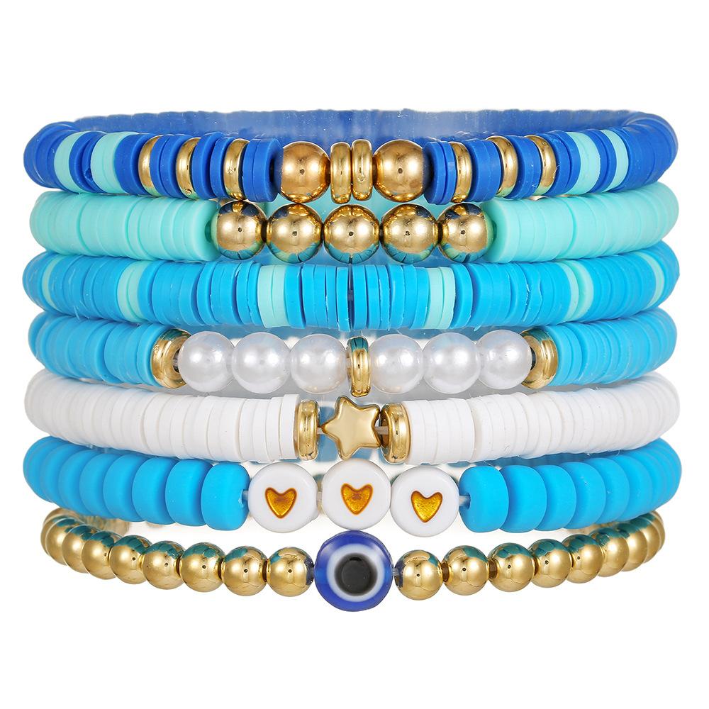 Bohemian color multi-layer soft pottery beaded bracelet, summer beach style versatile love stacked jewelry set