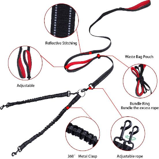 Double Dog Leash, 360° Swivel No Tangle Dog Walking Leash for 2 Dogs up to 200lbs, Comfortable Adjustable Dual Padded Handles