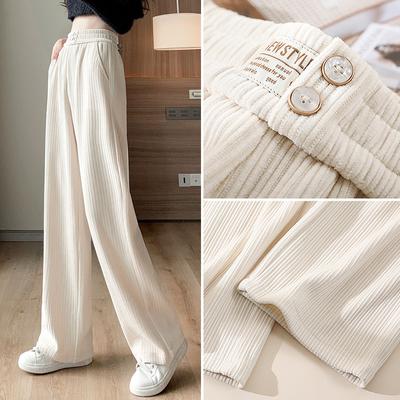 Women Plus Velvet Thick Corduroy High Waist Chenille Wide-leg Trousers Autumn Winter Korean Temperament Commute Casual Straight-leg Warm Pants