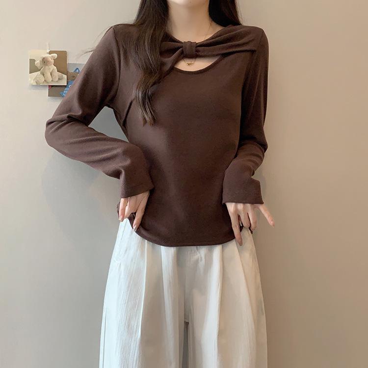 Plus Size Women s Hollow-Out Bowknot Slimming Long Sleeve Top 2XL кофейный