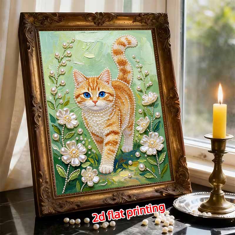 Frameless DIY Pearl Bead Painting Kit Orange Cat Pattern Creative Relaxing Craft Canvas Home Decor Adult Gift