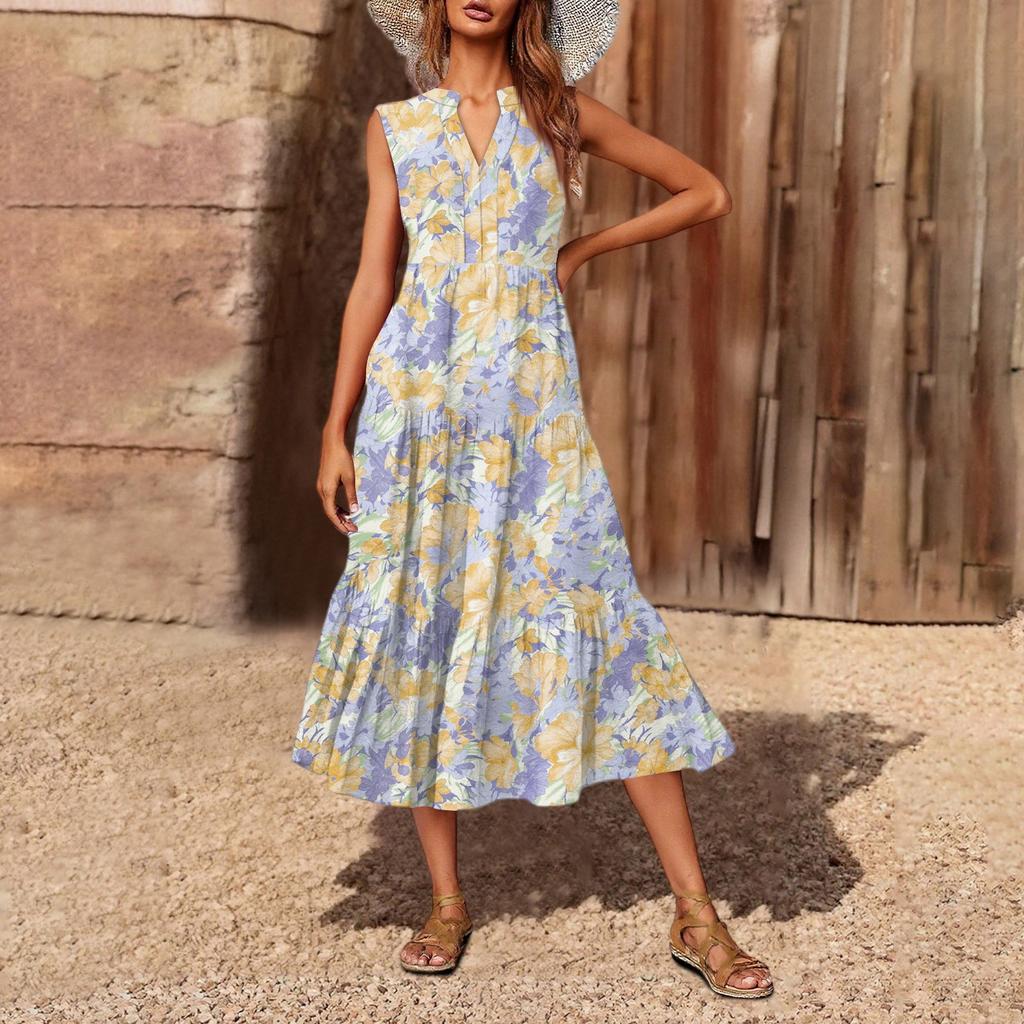 Women's Casual And Fashionable V-neck  Sleeveless Printing Mid Length Dress