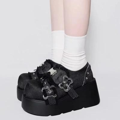 Punk Metal Chain Chunky Platform Ankle Boots Women's Winter Thick Bottom Denim Black Gothic Lolita Shoes for Woman Zapatos Mujer