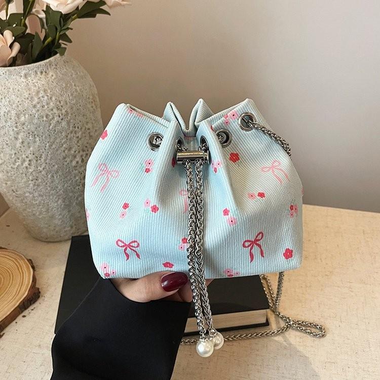 Trendy Soft Fabric Drawstring Bucket Bag With Chain For Women Ideal For Daily Outfits