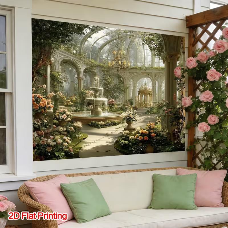 2D Greenhouse Fountain Backdrop Elegant Garden Photo Studio Background