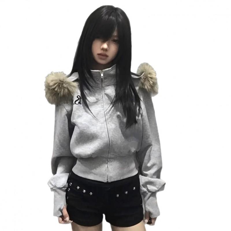 Womens Hooded Short Waisted Sweatshirt Jacket Detachable Fur Trim Streetwear