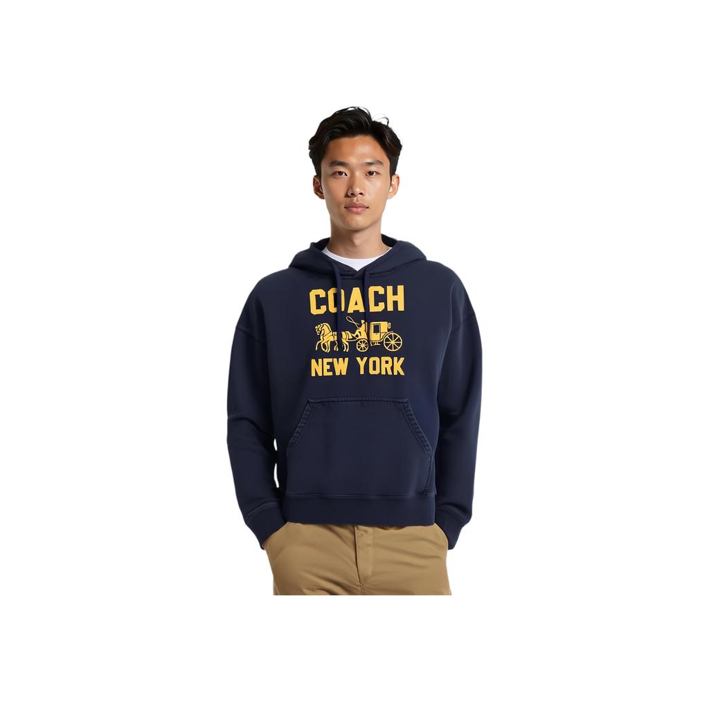 Coach Loose Fit  Logo Graphic Hoodie With Kangaroo Pocket And Ribbed Trim Unisex Hoodies Navy-Blue CBD23-B5H