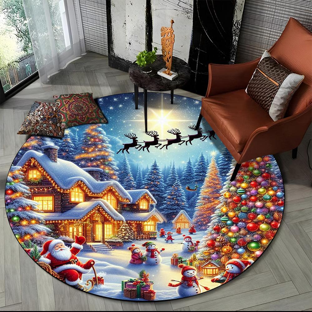 Cartoon Weihnachtsmann Frohe Weihnachten Schneemann Neujahr Runder Teppich für Schlafzimmer Wohnzimmer Sofadekoration, Dekor Bodenteppich