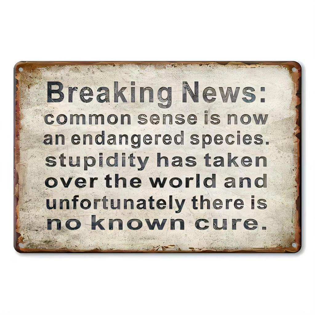 Breaking News Common Sense Is Now An Endangered Species Stupidity Taken Over World No Known Cure Tin Sign Metal Wall Decor Vinta