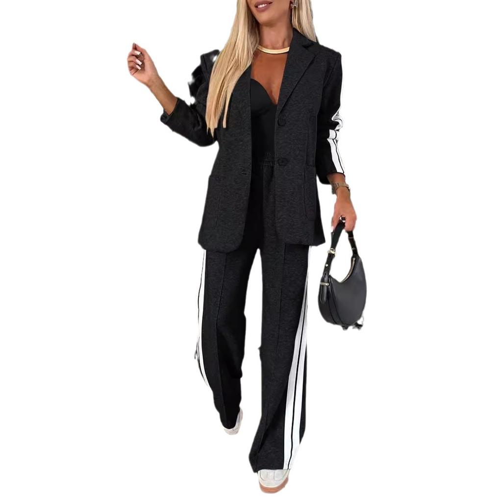 Women's Side Stripe Tracksuit 2 Piece Outfit Lapel Blazer Jacket + Elastic Waist Wide Leg Pants Set