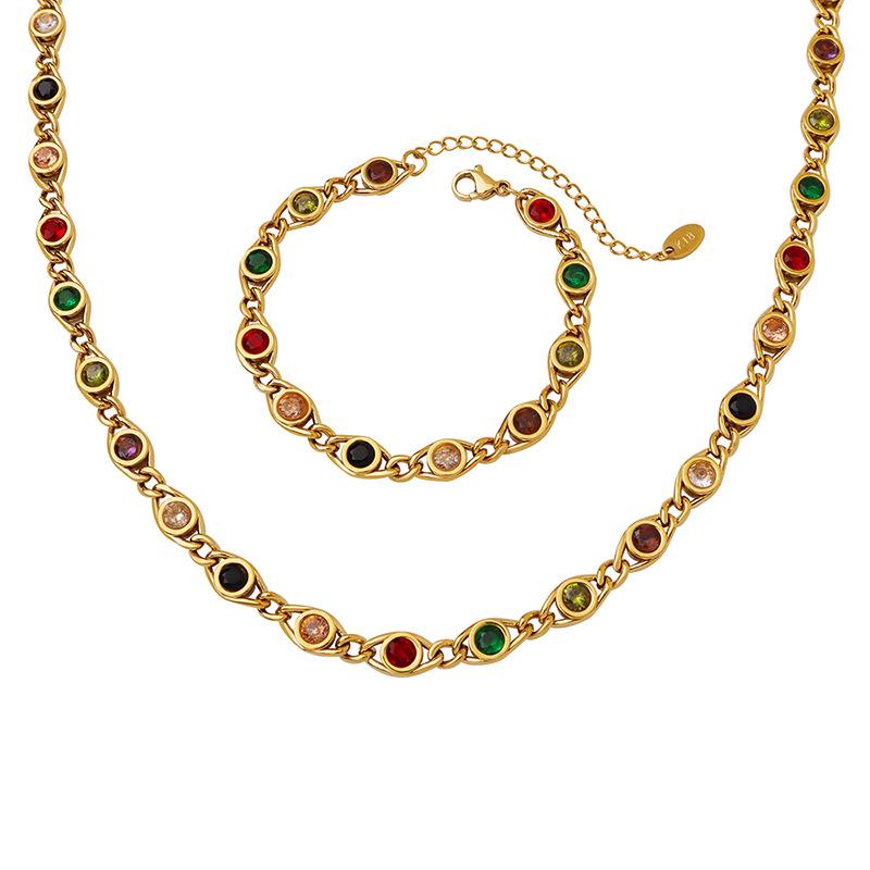 18K Gold Plated Stainless Steel U-Shape Choker Necklace Bracelet Set Minimalist French Retro Style Colorful CZ Diamond Necklace