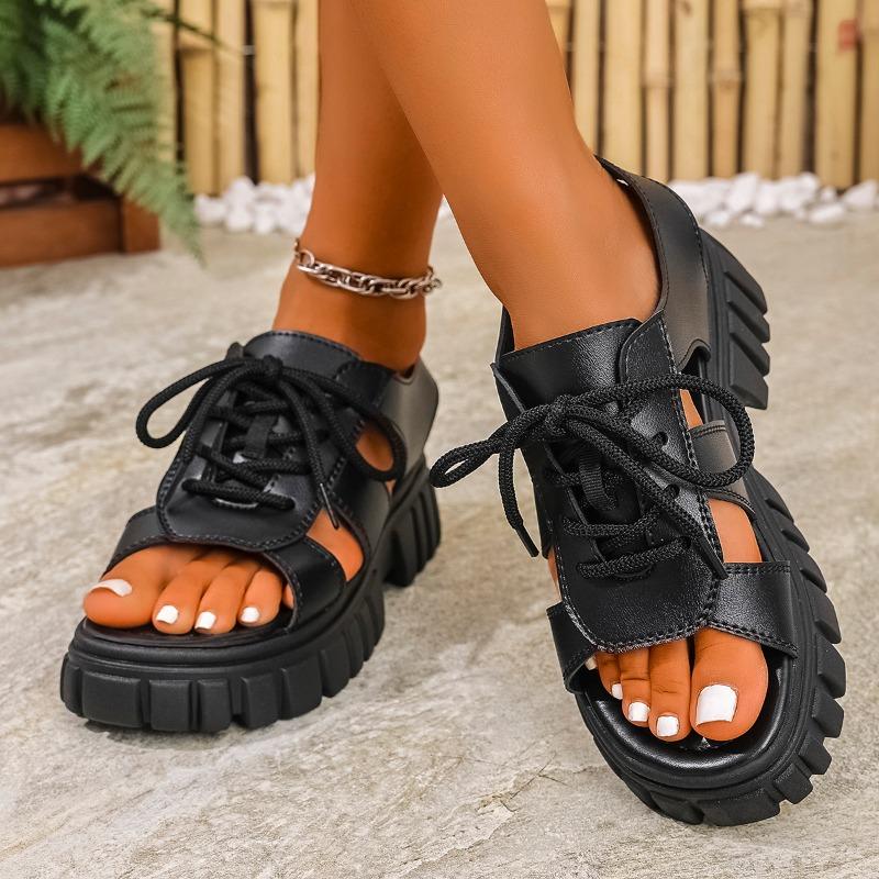 

Fashion 2025 Brand Ladies Shoes Lace-up Women s Sandals Fashion Open Toe Casual Summer Hollow Out Plus Size Concise Platform Sandals 36 чёрный