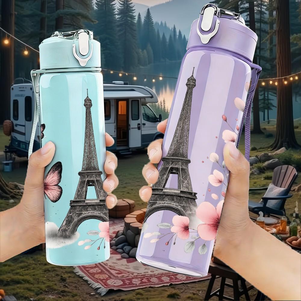 1PC Eiffel Tower Paris Floral 750ml Color Plastic Sports Water Bottle Leakproof Flip Straw Lid Suitable for Sports Office Home Use