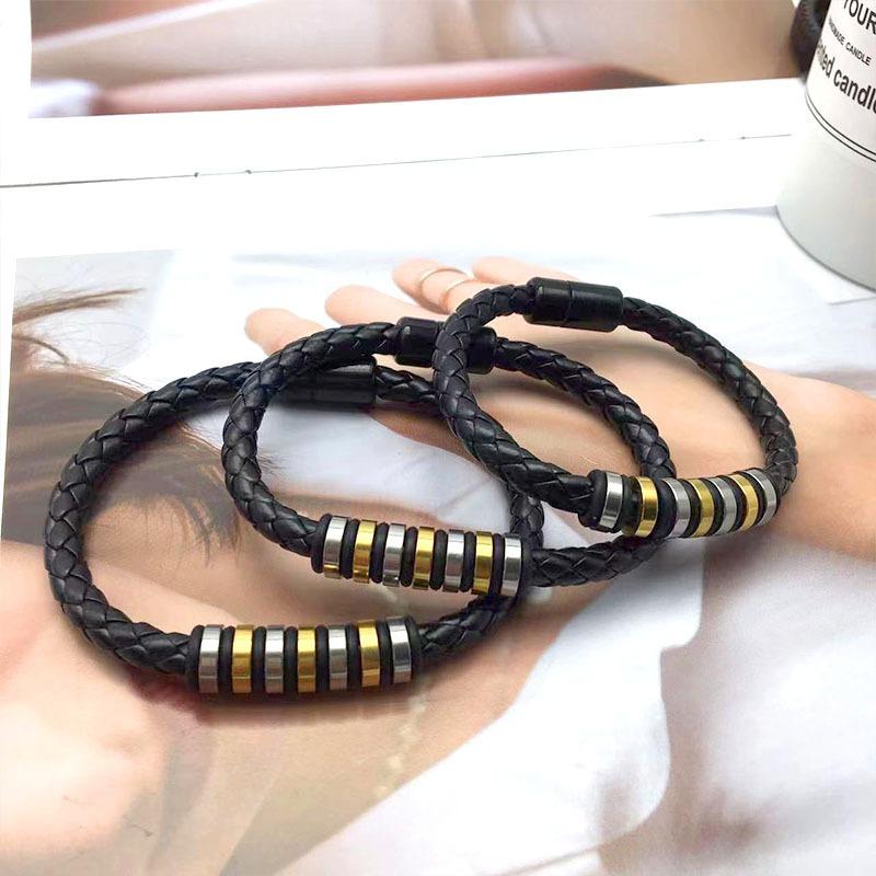 Colorful Stainless Steel Bracelet, Leather Woven Bracelet, Simple and Trendy Leather Hand Chain