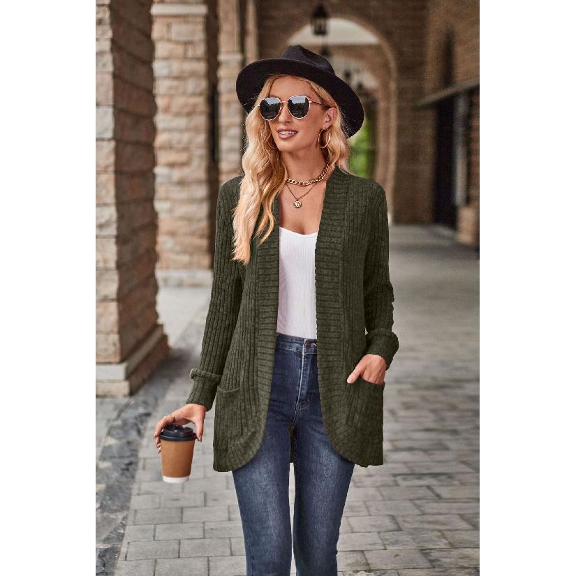 2026 Autumn New Women's Solid Color Ribbed Brushed Casual Long-Sleeve Cardigan Jacket