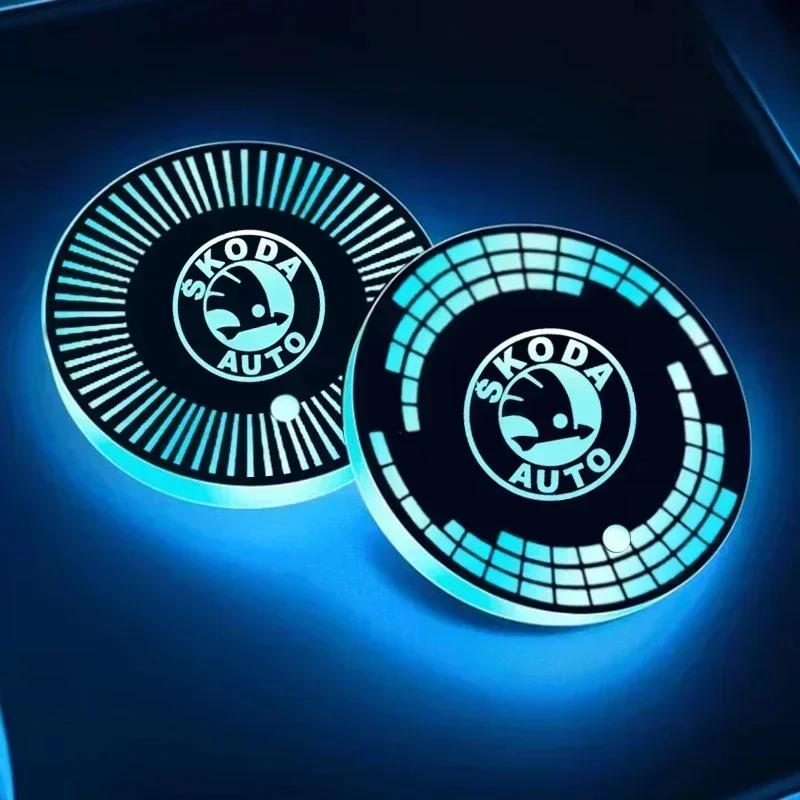 EMIW1 7 Colors LED Car Drinks Holder Water Logo Cupmat Coaster for SKODA Superb Kamiq Octavia A5 Fabia Rapid Yeti Kodiak Accessories