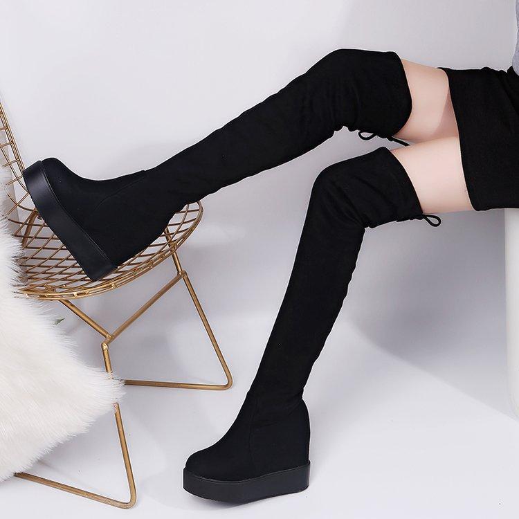 

Winter New Women s Leather Boots Back Lace-Up Rubber Heel Short Cylinder Head Thick Sole Inner Height Increasing Over Knee Boots 35 чёрный