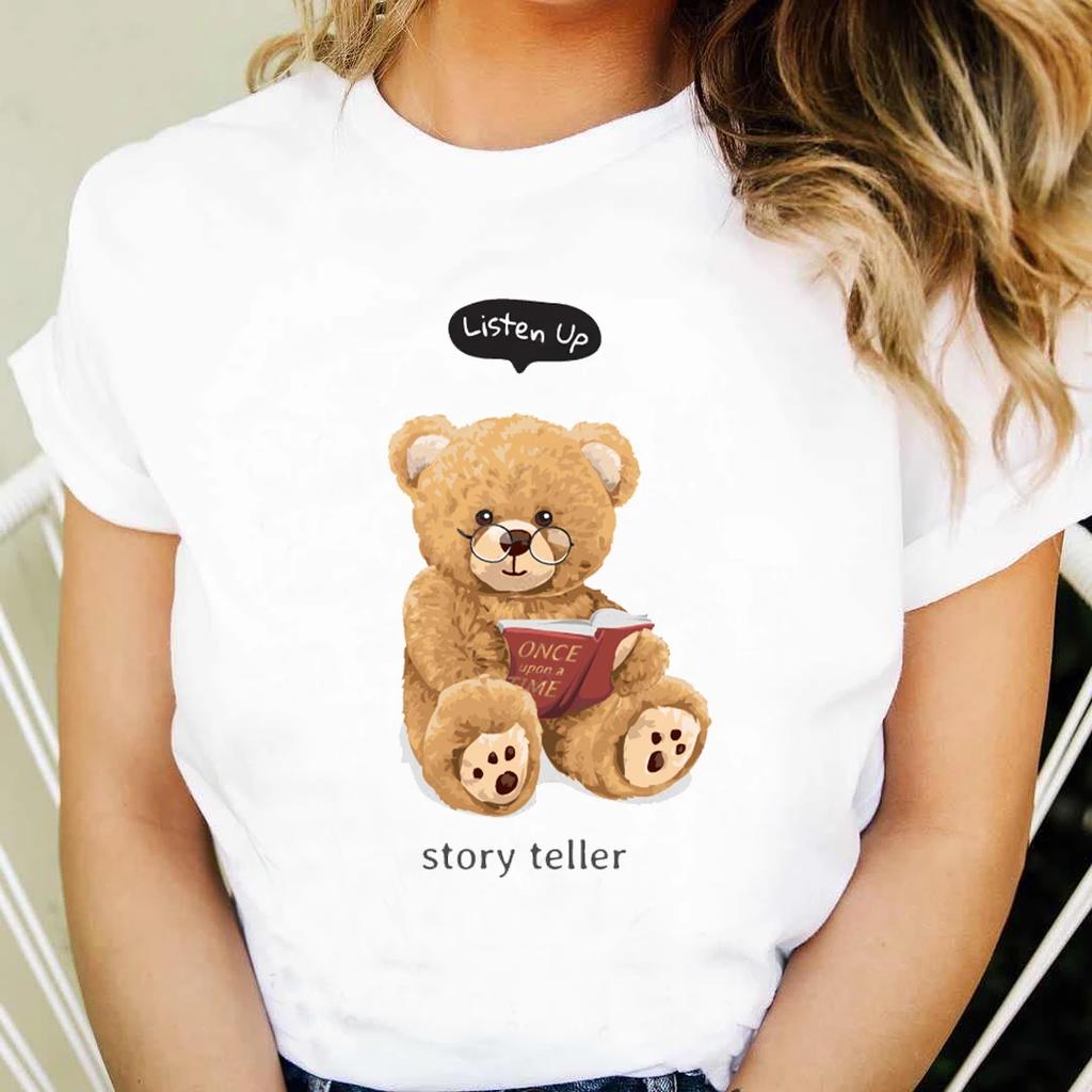 Printed Womens S Cute Clothing Short Sleeve Clothing Cartoon Cute Bear Pattern Tshirt Fashion Womens Casual Versatile Tshi