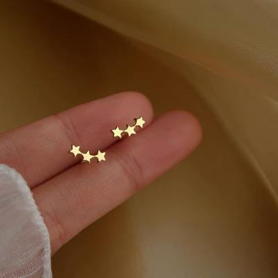 S925 Sterling Silver Three Star Stud Earrings for Women Cute Pentagram All-Matching Mini and Simple Ear Bone Stud