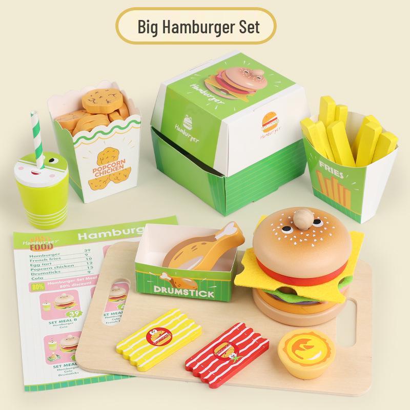 Wooden Hamburger and Fries Pretend Play Set - Educational Toy for Kids