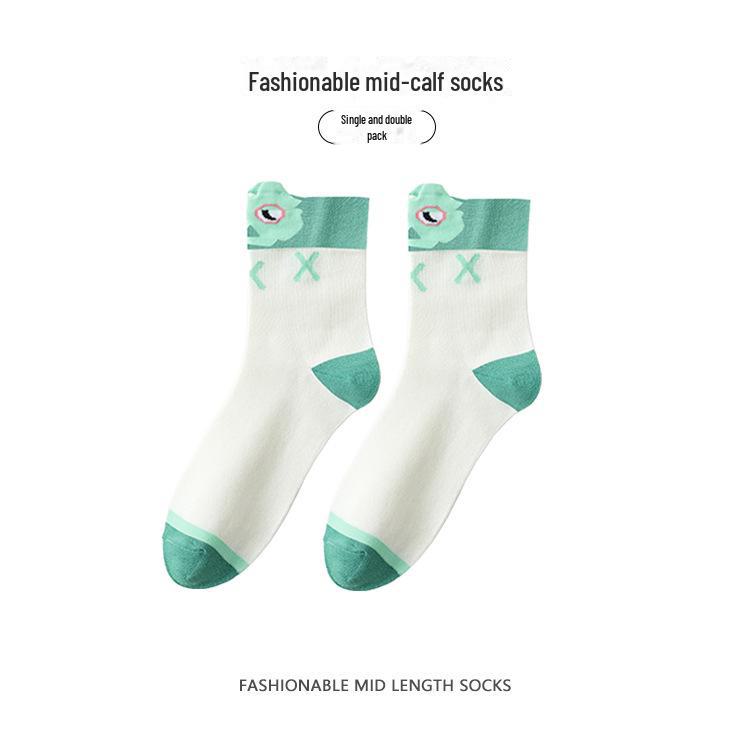 Women's Mid-Tube Lace Socks, Summer/Autumn Style, Owl Cartoon Design, Breathable and Trendy.