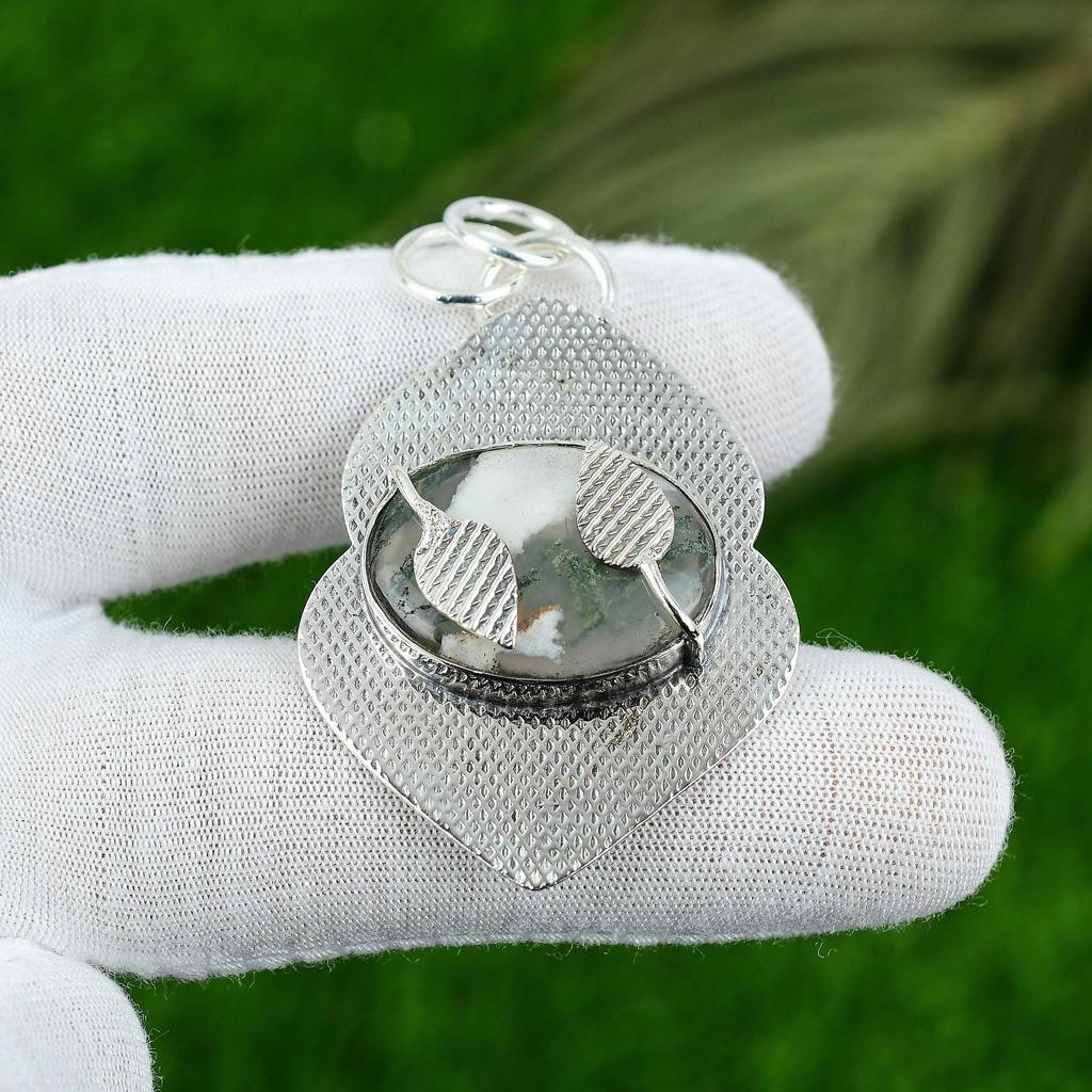 Natural Solar Moss Agate Gemstone Jewelry 925 Sterling Silver Pendant For Girls