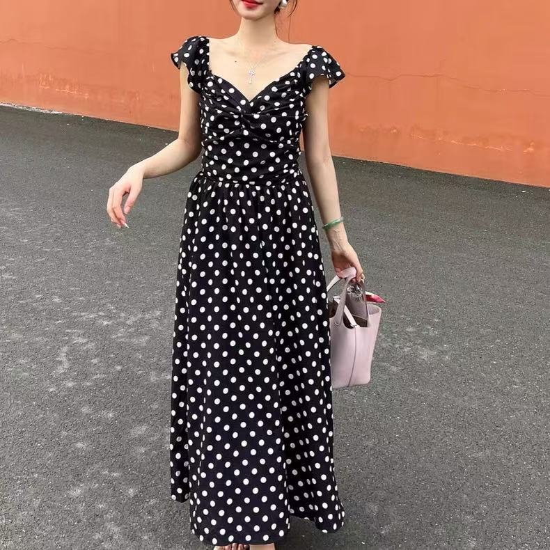 Fashion French polka dot dress summer new pleated waist thin large size temperament long skirt