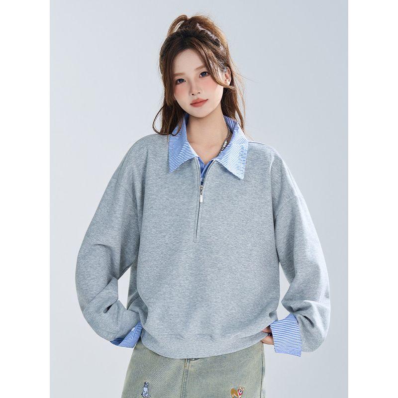 Wassup Retro Striped Patchwork Lapel Fake Two-Piece Sweatshirt for Women, Autumn Gray Loose Lazy Style American Top