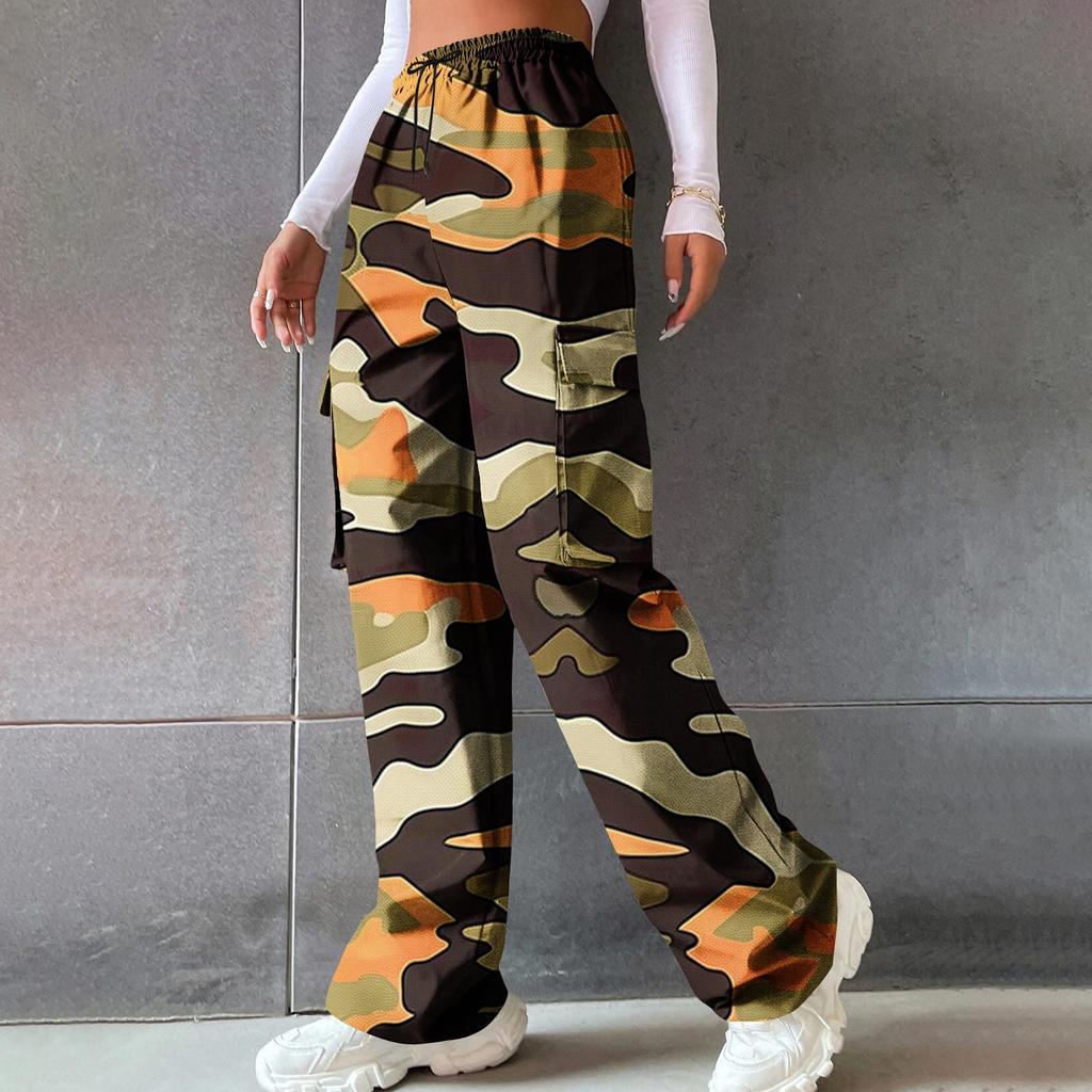 Women’s High-waisted, Wide-leg, Straight-cut, Loose-fitting, Elegant Commuter Trousers; Printed Camouflage Trousers; Casual Trousers