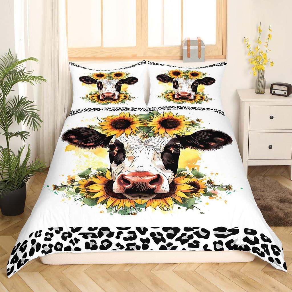 Milk Cow Pattern Bedding Set King Queen Animals Theme Comforter Cover Chocolate Brown Duvet Cover Cute Kawaii Cattle Quilt Cover
