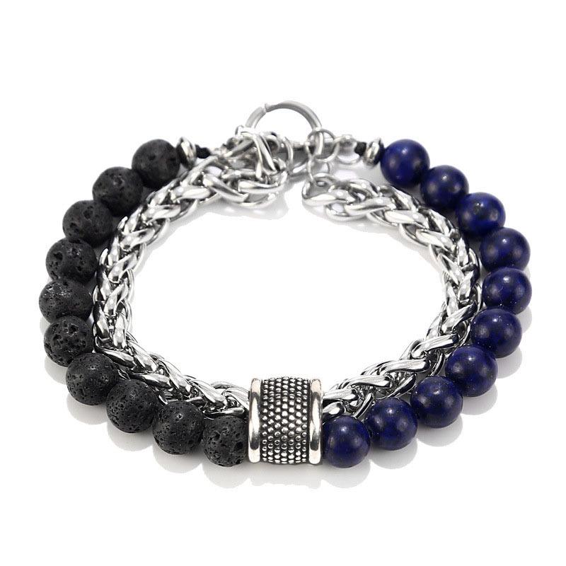 Natural Map Stone & Stainless Steel Men's Beaded Bracelet - Unique Fashion Jewelry