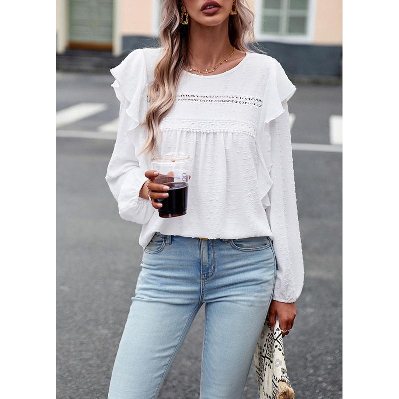 

Spring and Autumn Women s Pullover Round Neck Solid Embroidery Cut Lace Ruffle Long Sleeve T-shirt Underlay Fashion Casual Tops XL білий
